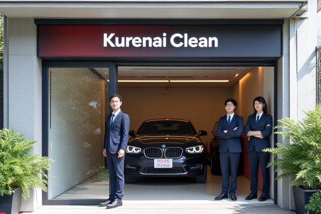 Kurenai Cleanの店舗外観とチームメンバーが迎える様子